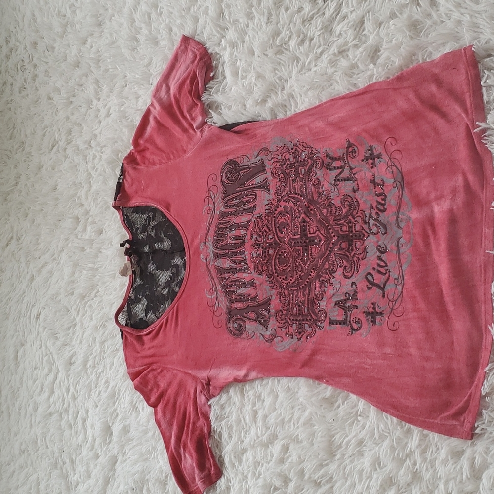 Affliction 3/4 sleeve Tshirt, red, size Large, lace back